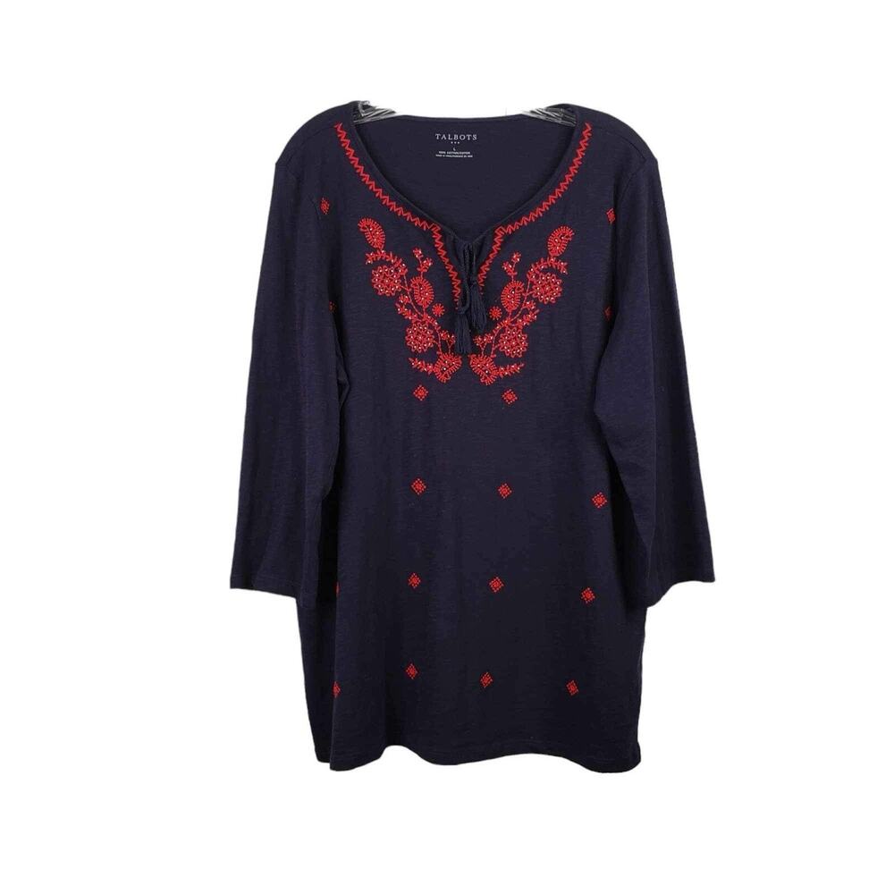 Talbots Shirt Women’s Size Large Blue Red Floral Embroidered LS Tie Front Top